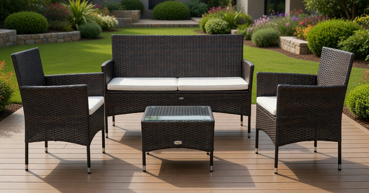 Luxueuze 5-delige Tuinmeubelset van Polyrotan – Zwart-Wit, 3-zitsbank + 2-zitsbank + 2 Tuinstoelen + Rechthoekige Tafel – Waterbestendig en Onderhoudsvriendelijk – Medahomestore