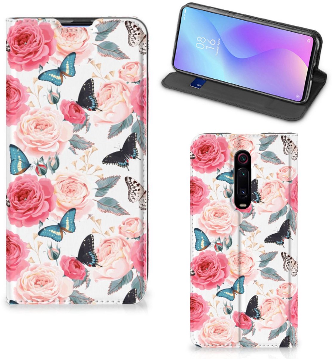 Standcase Hoesje voor Xiaomi Mi 9T Pro Smart Cover Butterfly Roses