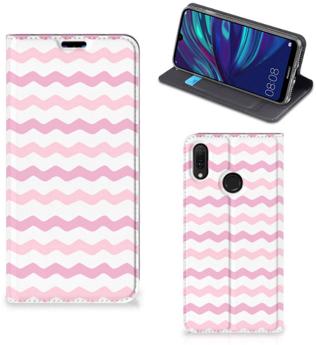 Huawei Y7 hoesje Y7 Pro (2019) Hoesje met Magneet Waves Roze