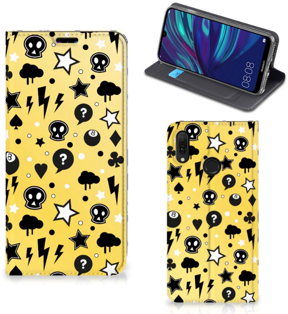 Standcase Hoesje voor Mobiel BookCase Huawei Y7 hoesje Y7 Pro (2019) Punk Geel