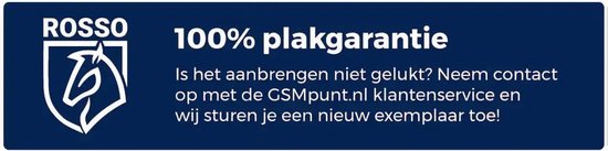 Blauw logo met een paard en de tekst '100% plakgarantie' en informatie over klantenservice.