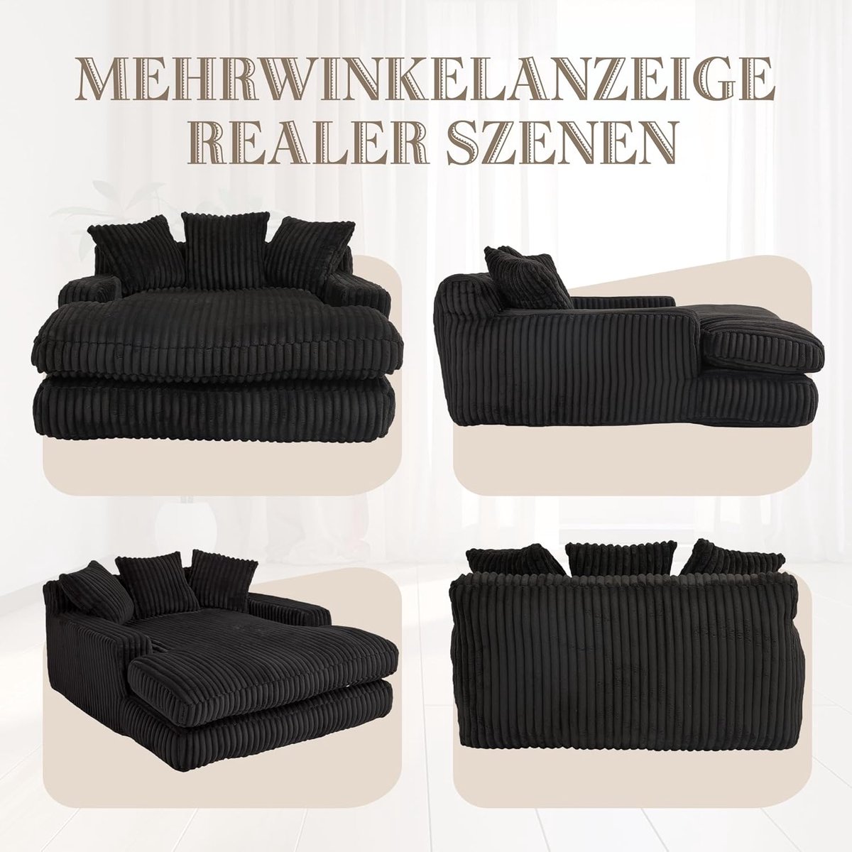 Chaise Longue Lounge Stoel 125x155x63 cm – Luxe Corduroy Relaxfauteuil met Kussens, Ergonomisch Design, Moderne Zwarte Loungestoel voor Woonkamer & Slaapkamer – Laura