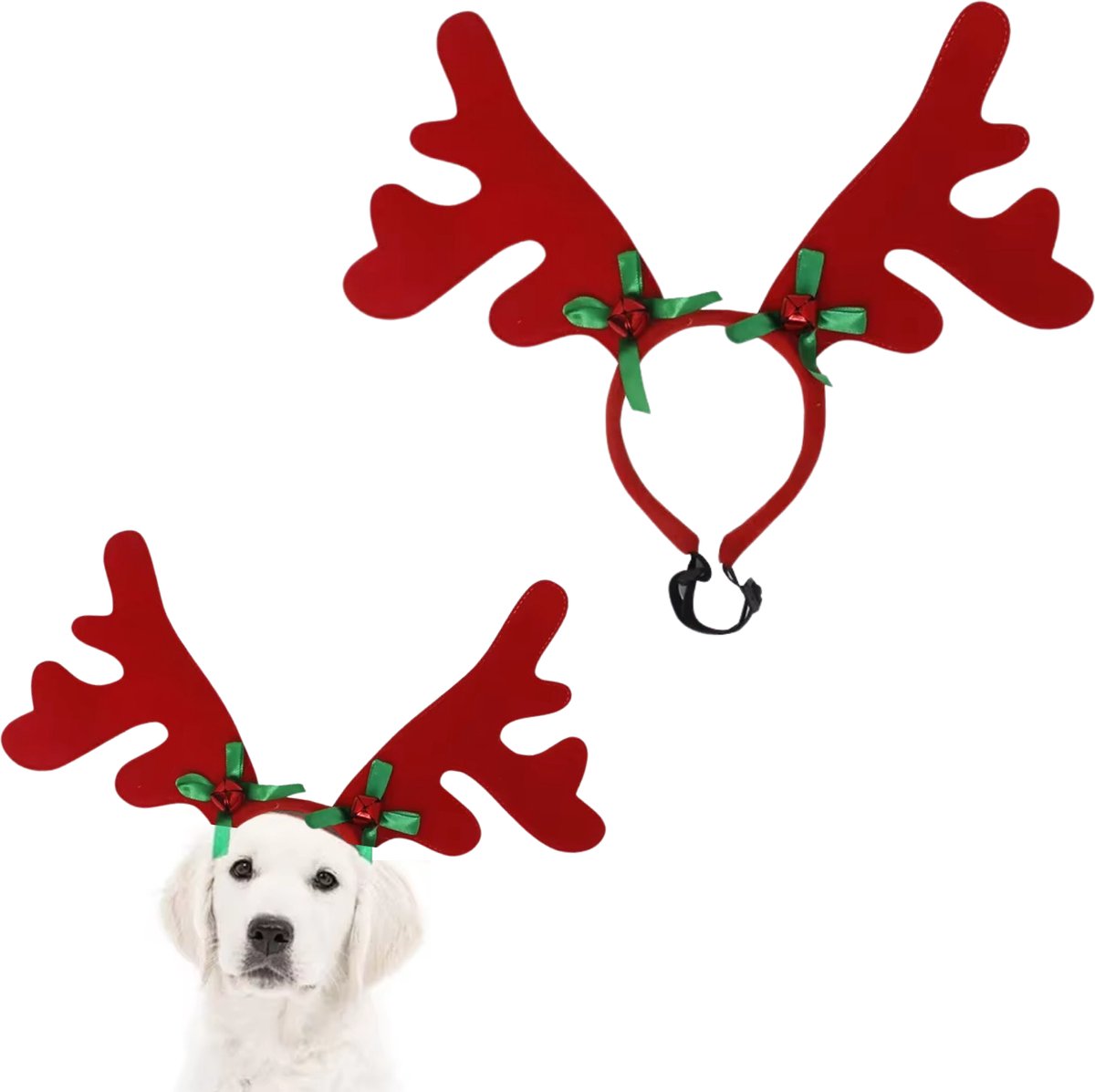Kerst Gewei voor Honden - Verstelbaar Rendiergewei - Rood Gewei met Rode Bellen en Groene Strikjes - Voor Kleine en Grote Honden - Hondenkleding Kerst - One Size