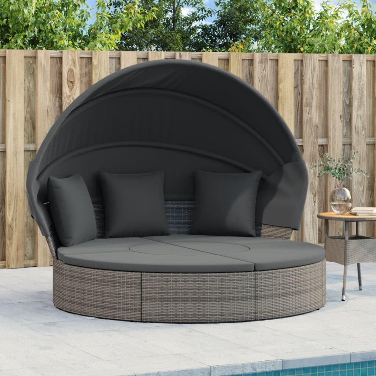 Loungebed met Dak 178x94x143 cm – Outdoor Zonnebed met Voetenbank & Kussens – Grijs Polyrotan – Laura
