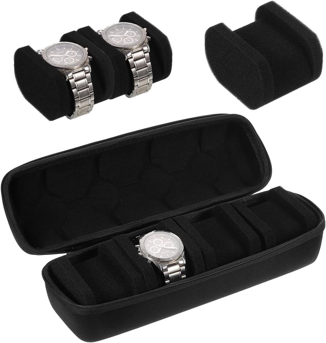 Reisetui met harde schaal - 4 vakken - robuuste EVA-horlogebox-organizer - anti-bewegingskussen - draagbare opslag - heren en dames - smartwatches - zwart