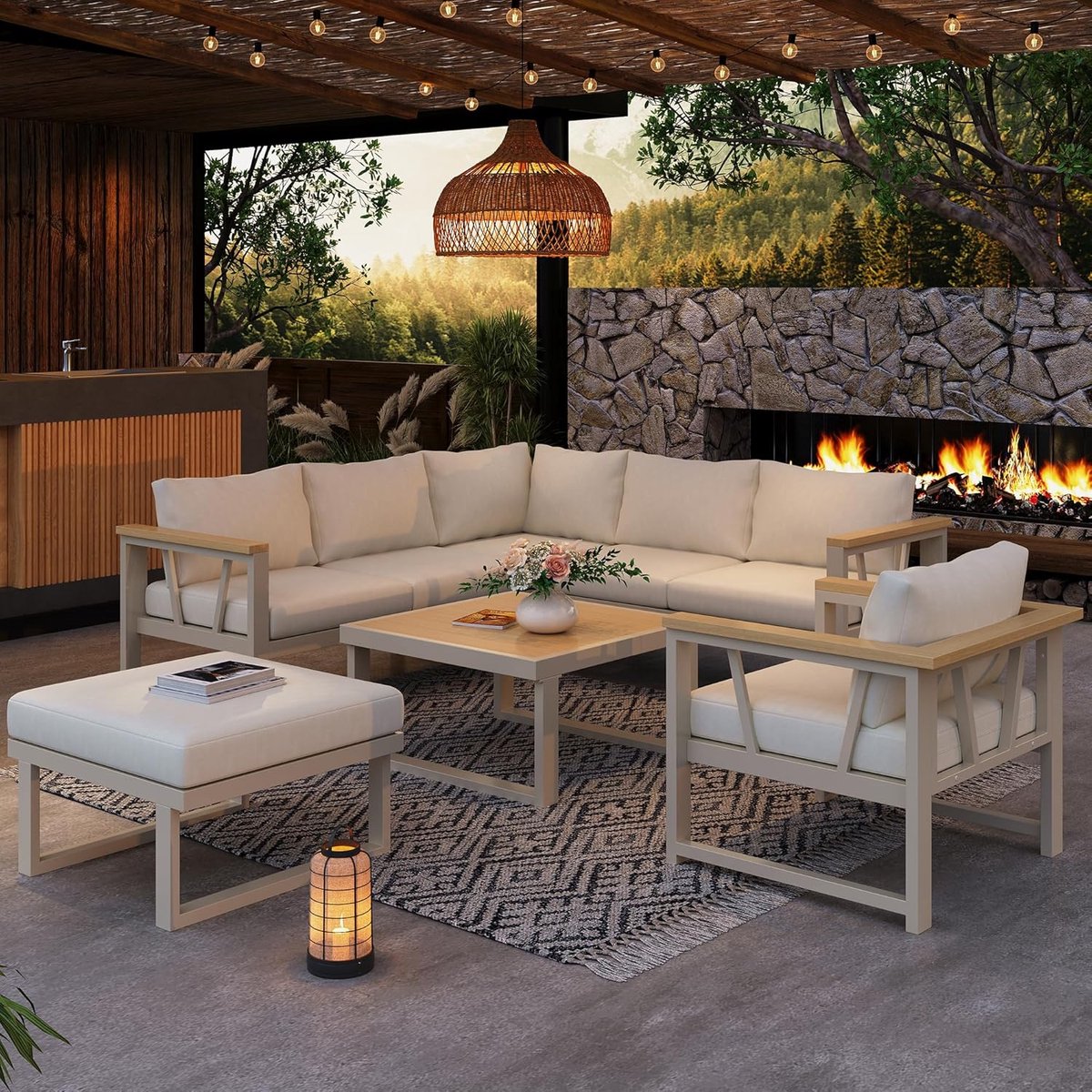 Luxe 7-Persoons Hoek Loungeset met Tafel en Hocker Khaki Beige 182x64x64 cm Weerbestendig Tuinset Modern Design