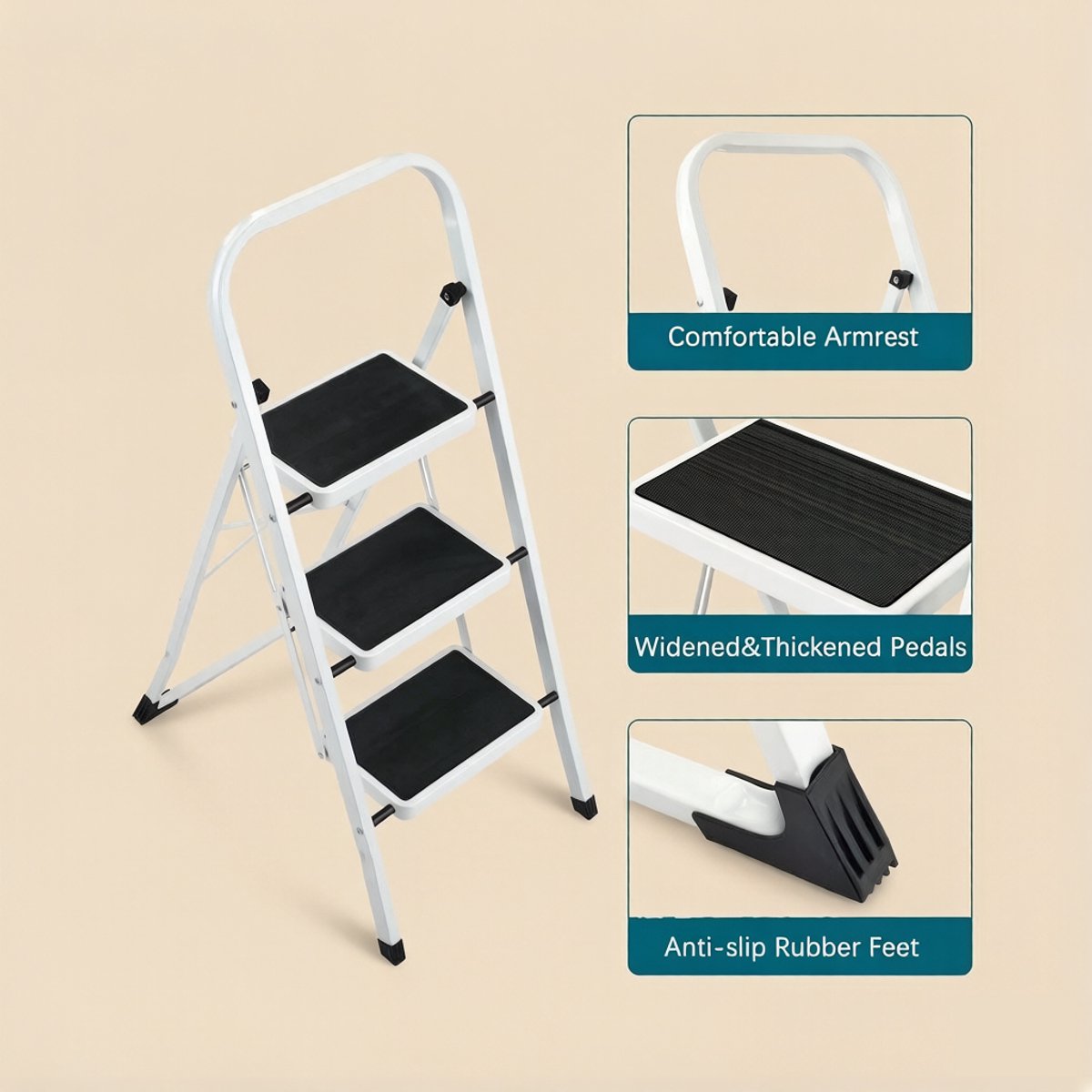 Hoppa! Keukentrapje / Huishoudtrapje - 3-Treden Ladder - Vouwladder - Sportbreedte 20 cm - Antislip Rubber - Draagvermogen 150 kg - Staal - GS-gecertificeerd - Zwart en Wit – foto 2