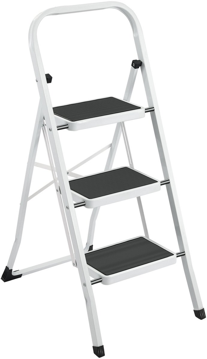 Hoppa! Keukentrapje / Huishoudtrapje - 3-Treden Ladder - Vouwladder - Sportbreedte 20 cm - Antislip Rubber - Draagvermogen 150 kg - Staal - GS-gecertificeerd - Zwart en Wit – foto 8