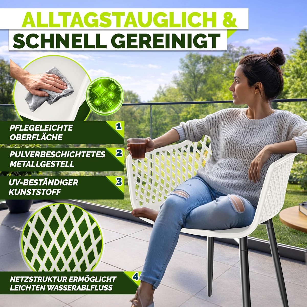 Outdoor Gartenstuhl 4er Set 52x55x83 cm – Wetterfeste, UV-beständige Terrassenstühle mit Armlehne, Ergonomisch & Belastbar bis 120 kg | Perfekt für Balkon, Terrasse & Garten – Laura