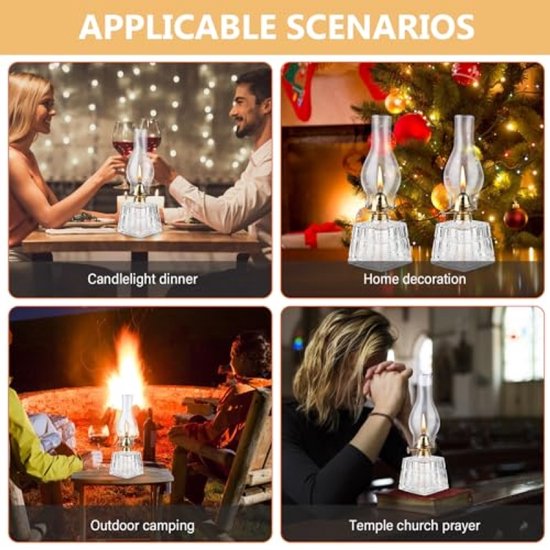 Vier scenario's: diner bij kaarslicht, woondecoratie, buiten kamperen en tempelgebed met olielamp.