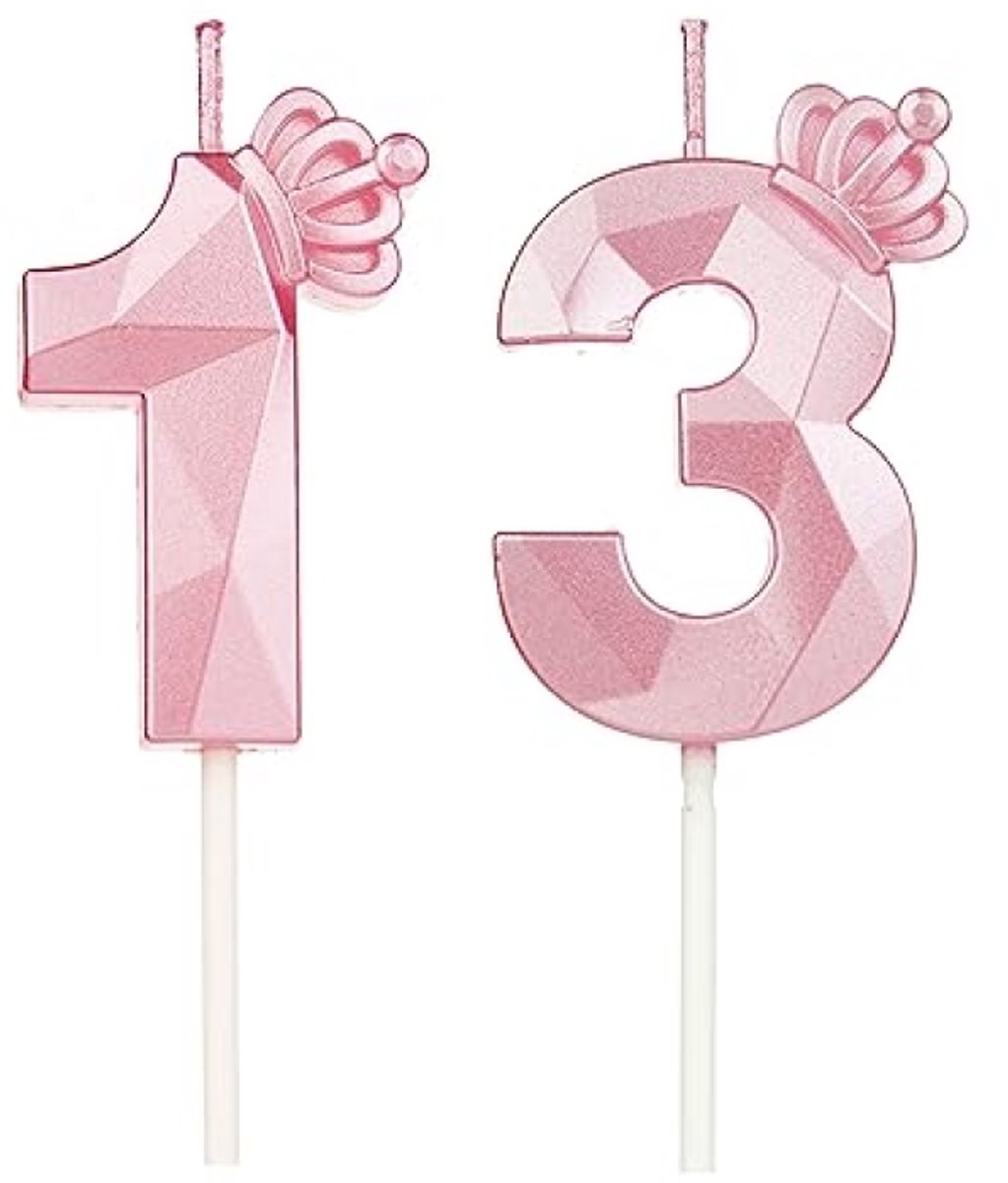 Verjaardagskaarsen met kroon en cijfer 13 - Roze feestdecoratie voor taarten