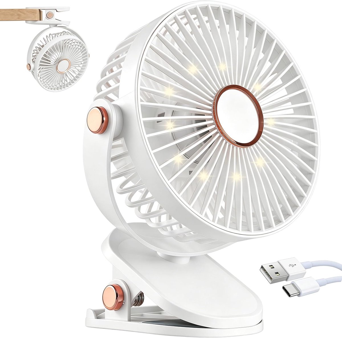 Ulisem - Klemventilator - 4000mAh oplaadbaar - 5 snelheden - 720° draaibaar - Stille motor - Met ledverlichting - Babyveilige afdekking - Geschikt voor camping en wandelen - Wit