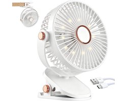 Ulisem - Klemventilator - 4000mAh oplaadbaar - 5 snelheden - 720° draaibaar - Stille motor - Met ledverlichting - Babyveilige afdekking - Geschikt voor camping en wandelen - Wit