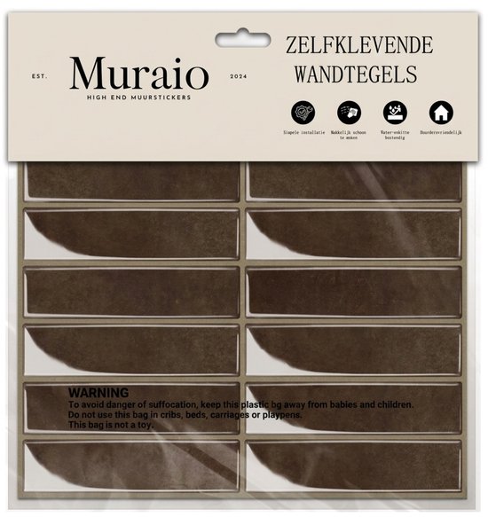 Verpakking van 10 bruine, zelfklevende wandtegels van Muraio.