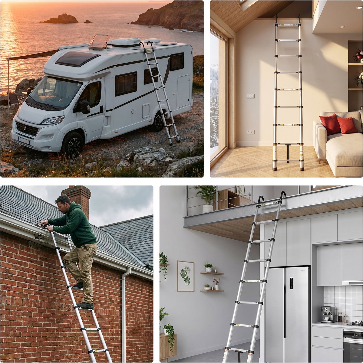 FelixKing aluminium telescopische ladder met stabiele haak, inklapbare ladder van 2,6 tot 5 meter met antislipvoetjes, lichtgewicht draagbare uitschuifladder voor huishoudelijk en buitengebruik, draagvermogen van 136 kg voor thuis, zolder en vliering – foto 5