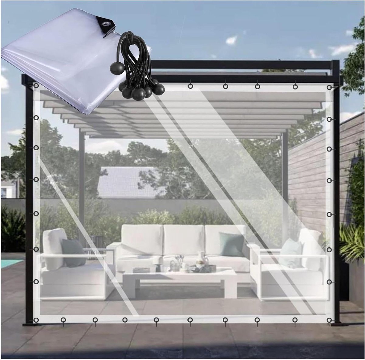 Doorzichtige, waterdichte pergolagordijnen, robuuste dekzeil zijpanelen met oogjes voor tuin, terras en veranda - duurzame kunststof scheidingswand