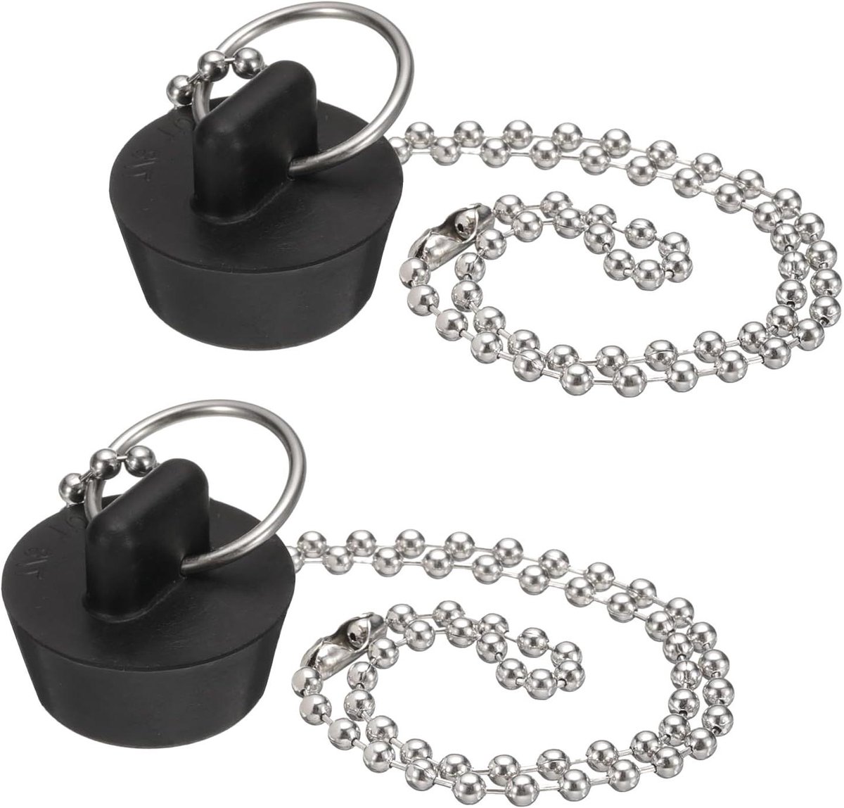 Afvoerstoppers 2 stuks - Rubberen doppen - Water vasthouden - Met parelketting - 7/8 tot 1 inch - Zwart