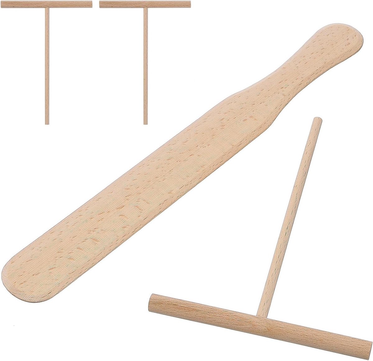 Pannenkoeken set met 4 handige tools: houten spatula van 29 cm en 3 T-vormige gereedschappen voor het maken van pannenkoeken en deegverdelen