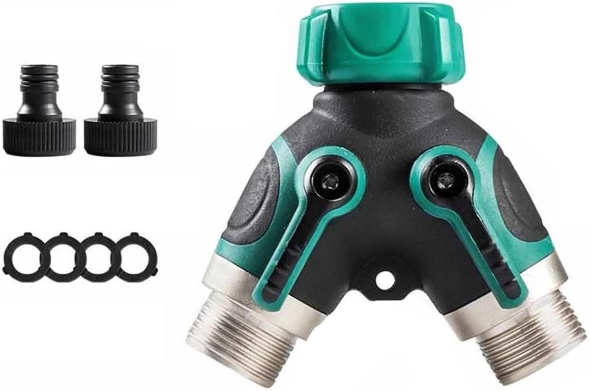 Tuinslang Splitter - Y-Splitter Kraan - Water Verdelen - Twee Uitgangen - 3/4 Inch - Groen Zwart