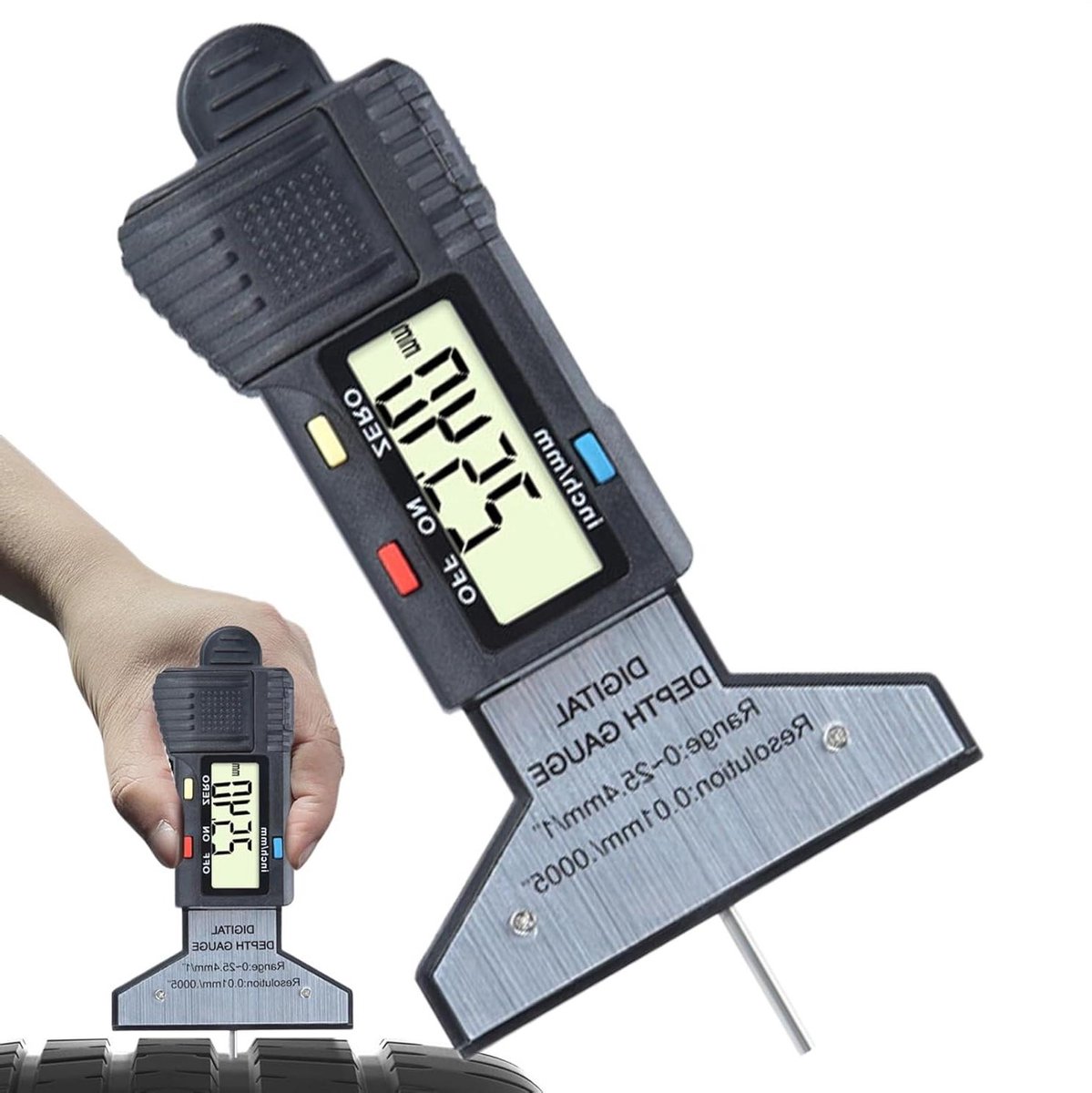 Loopvlakdieptemeter - Bandenprofielmeter - Banden Veiligheid - Digitaal LCD Scherm - 0-25.4 mm - Zwart