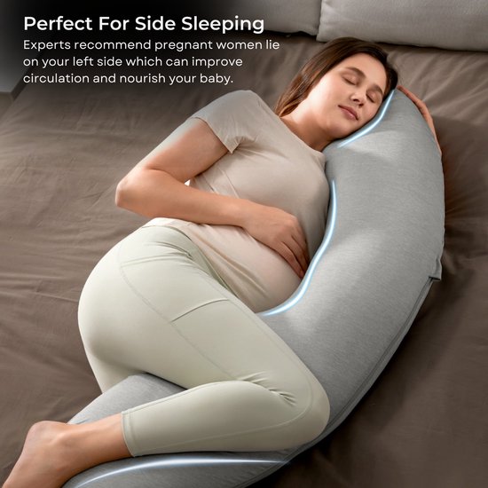 Momcozy J Vorm Zwangerschapskussen – Ergonomisch Steunkussen voor Zijslapen – Jersey Stof - Lichtgrijs — afbeelding 2