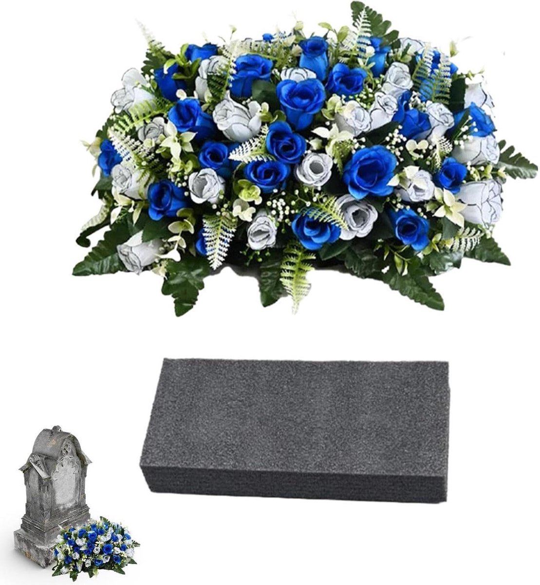 Gedenkbloemen - Kunstroos decoratie - Graf decoreren - UV-bestendig ontwerp - 50x35x20cm - Blauw
