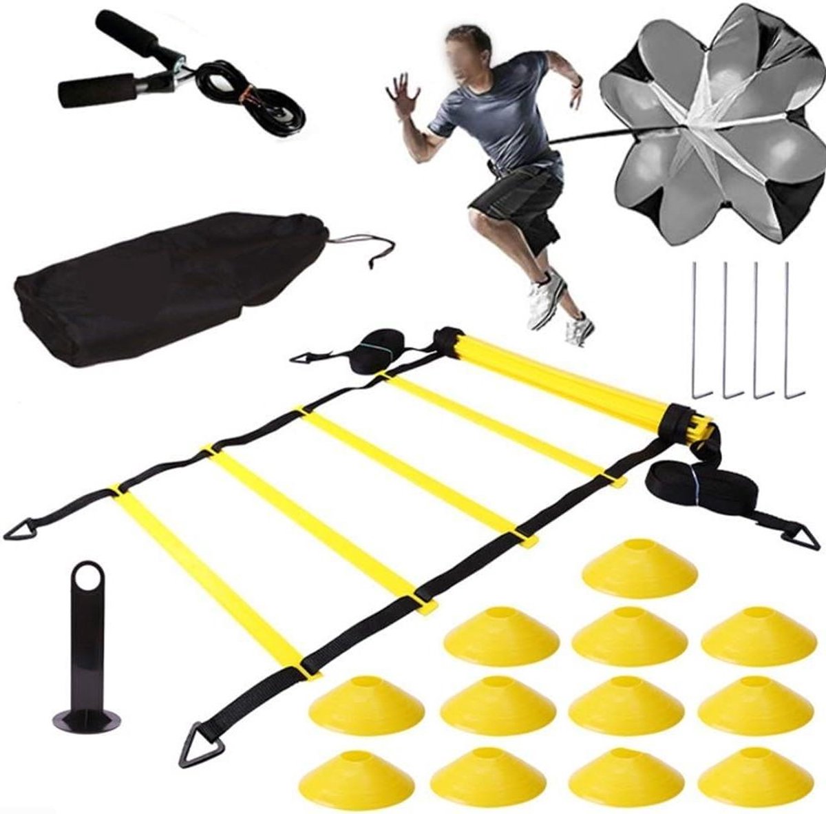 Snelheidstrainingsladder - Behendigheidsoefeningen - Sportprestatie Verbeteren - Inclusief Diverse Accessoires - 600cm Lengte - Geel