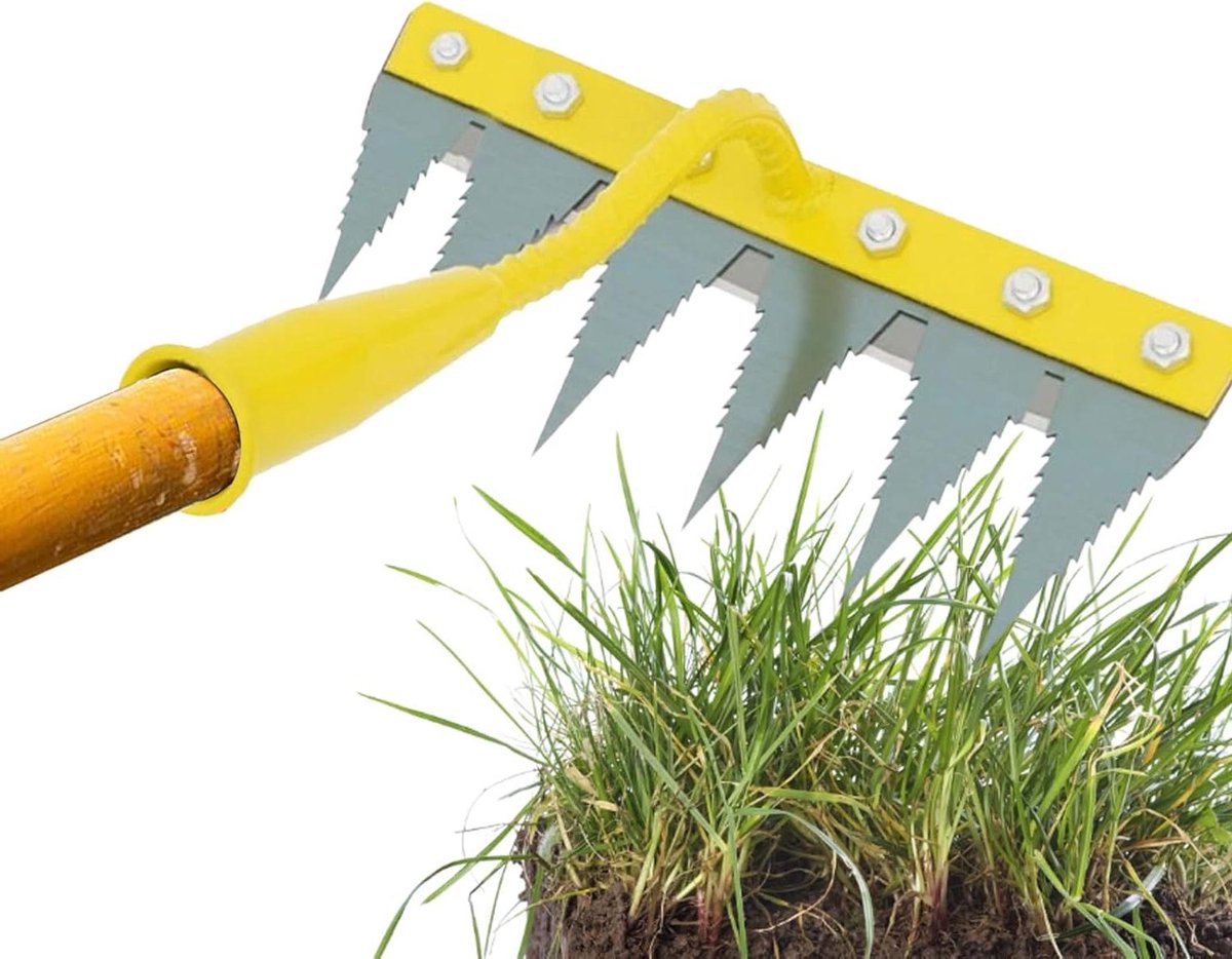 Tuinhark - Onkruid hark - Tuinonderhoud - Verdikt gehard metaal - 6 tanden - Geel zilver