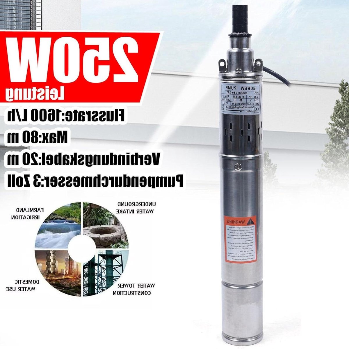 Diepe Bronpomp - Waterpomp Onderdompelbaar - Waterwinning Landbouw - Stil 20 dB - 1600 liter/uur - Zilver