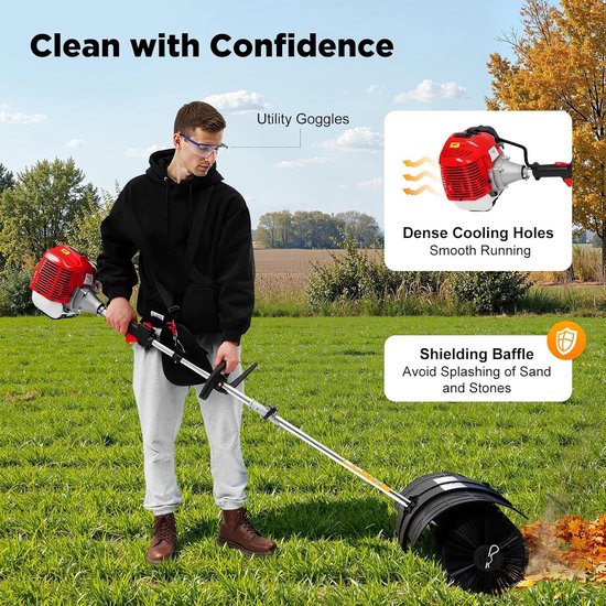 Veegmachine Benzine - Buitenveger Motor - Terrassen Reinigen - Krachtige 2-takt Motor - 52 cm Werkbreedte - Rood Zwart — afbeelding 4