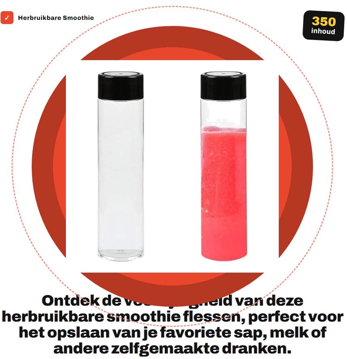 Dailygoods- Sapflessen 350 ml - Herbruikbare Drinkflessen - Lege Smoothie Flessen - PET Plastic - Zwarte Deksels - Voor Sap/Melk - Drankflessen