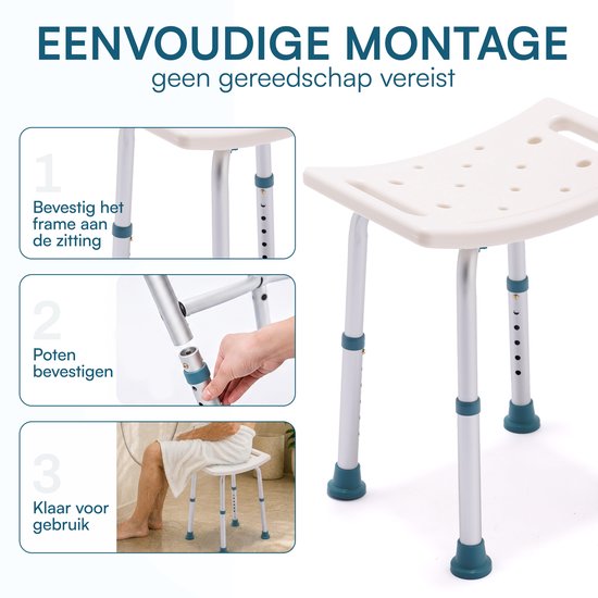 Vixomed Douchekruk met Douchekophouder – Verstelbaar in Hoogte – Anti Slip Douchestoel voor Badkamer en Senioren - Met drainagegaten – Max. 120 kg – Wit