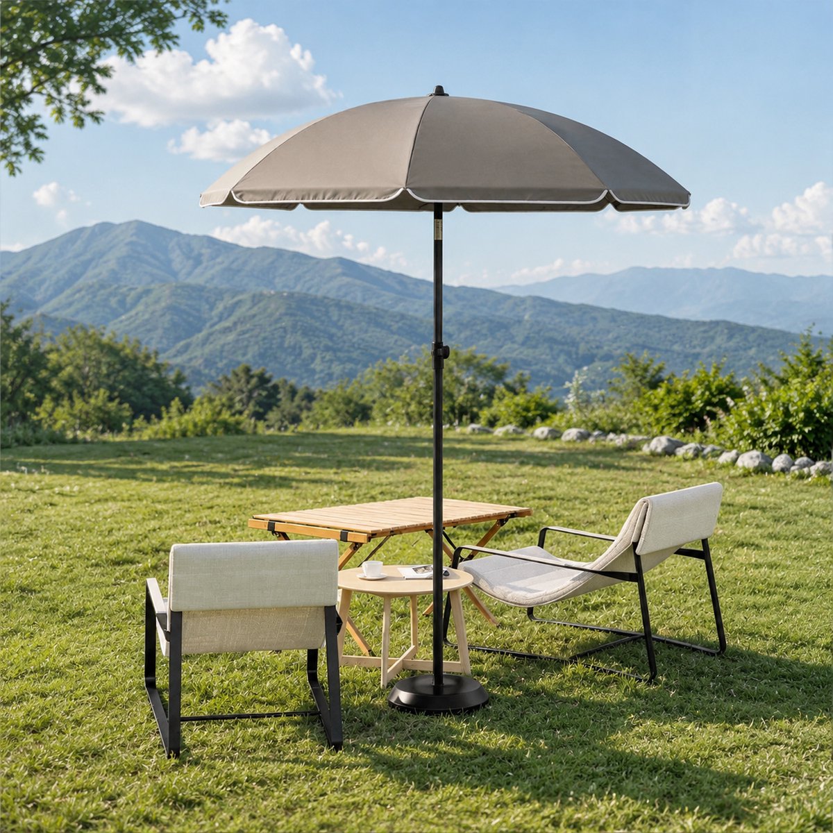 Stokparasol - Opvouwbaar parasol - Rond - Strandparasol - Tuin - Balkonparasol - UV-bescherming - Waterdicht - 35° Kantelbaar - Ø 175cm - Grijs