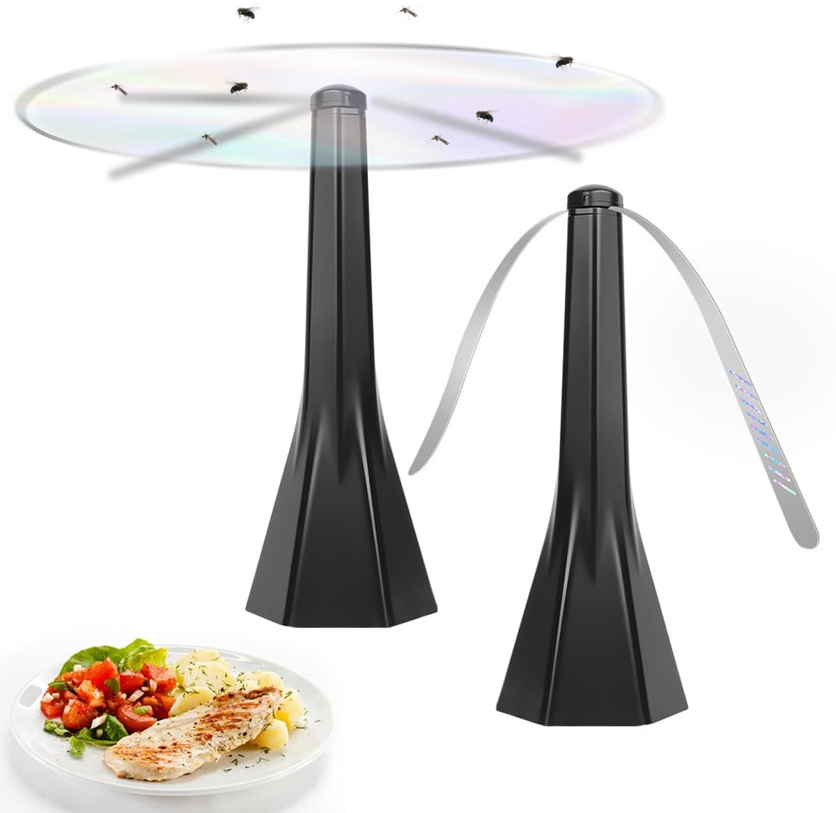 carmdering - Vliegenverjager - Vliegenwegjager - Insectenverjager - Set van 2, roterende ventilator, zachte ABS-blaadjes, 360° - Batterijgevoed (2x AA), stil, draagbaar - Diameter 40 cm - Perfect voor tafel, terras, camping en BBQ