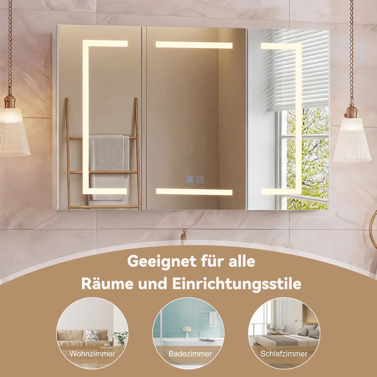 Badkamerkast met Spiegel, LED-Verlichting, Ontwasemingsfunctie en Stopcontact/USB, Wandgemonteerde Spiegels Kast met 3 Deuren en Verstelbare Planken, Touchbediening, 100x13,5x60 cm, Wit 02