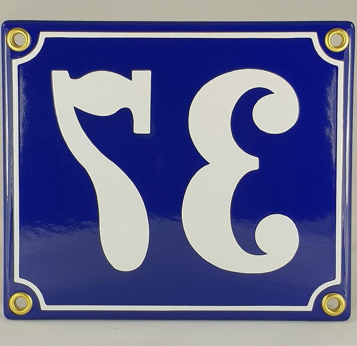 Huisnummer Emaille - Bord Nummer - Huis Identificatie - Handgemaakt Uniek - Nr 37 - Blauw Wit