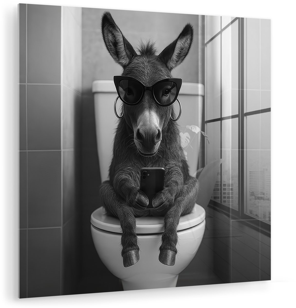 MuchoWow® Glasschilderij 20x20 cm - Schilderij acrylglas - Ezel - Telefoon - Toilet - Zwar