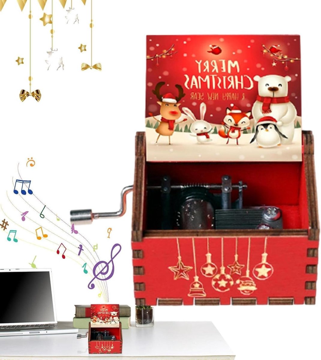 Kerst Muziekdoos - Houten Decoratie - Feestelijke Sfeer - Handslinger Melodie - 6.4 cm - Houtkleur