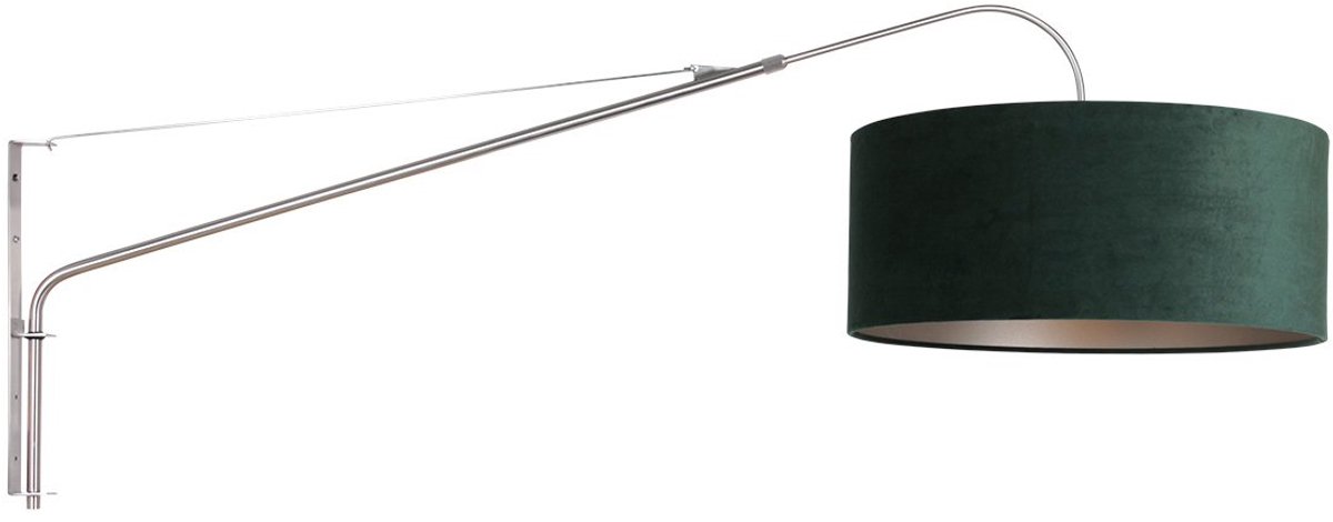 Staalkleurige wandlamp met groen velours kap, modern klassiek, Elegant Classy 8130ST, Steinhauer - uitschuifbaar en draaibaar, diameter 50 cm, hoogte 20 cm