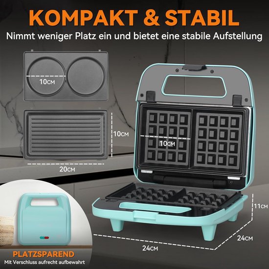 3-in-1 Wafelijzer - Pannenkoek Grill - Lekker Ontbijten - Afneembare Platen - 750 Watt - Aqua — afbeelding 4