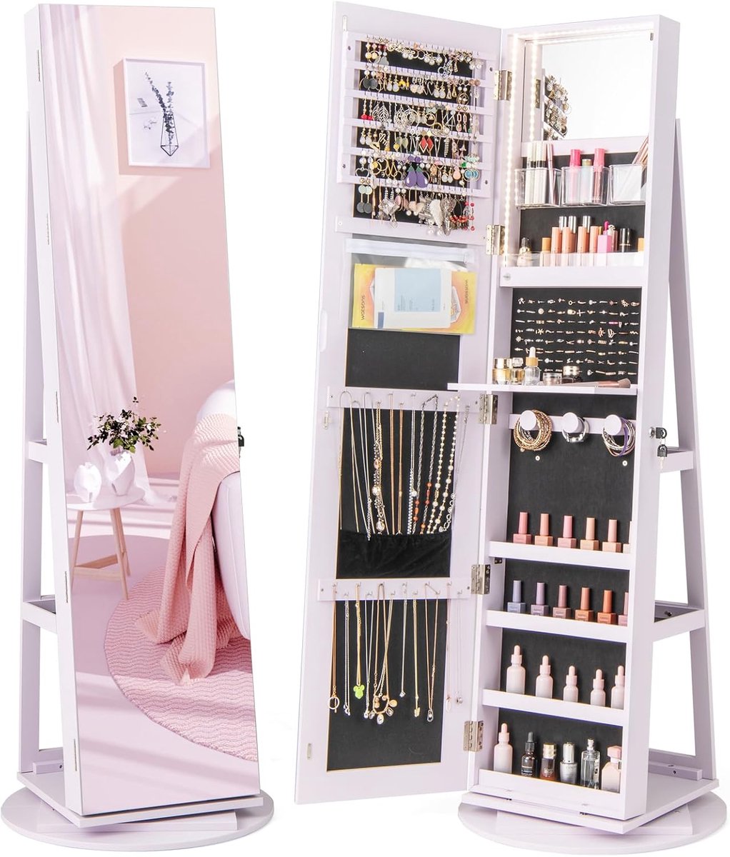 Juwelenkast met spiegel - Opberger met kapspiegel - Sieraden organiseren - 360 graden draaibaar - 161 cm hoog - Paars