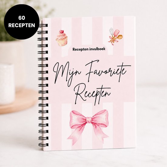 Recepten invulboek met roze-witte strepen en "Mijn Favoriete Recepten", met cupcake en strik. Zwarte cirkel met "60 RECEPTEN".