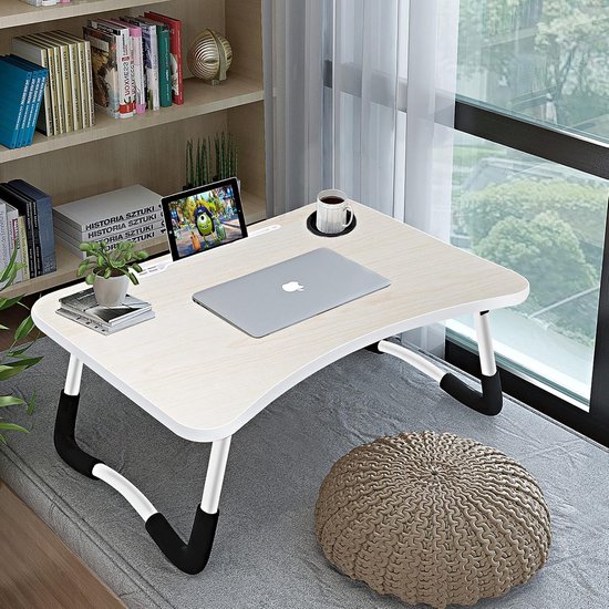 Laptop Table Foldable, Laptop Desk with 4 USB Charging Ports/Drawer/Tablet Holder/Cup Holder, For Bed, Sofa, Floor (60x40cm, White) — afbeelding 3