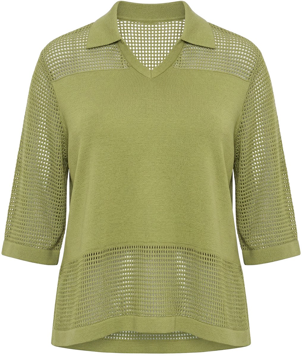 Ulla Popken - Dames - Gebreid shirt opengewerkt breisel V-hals korte mouw - Pistache - Maat 42+