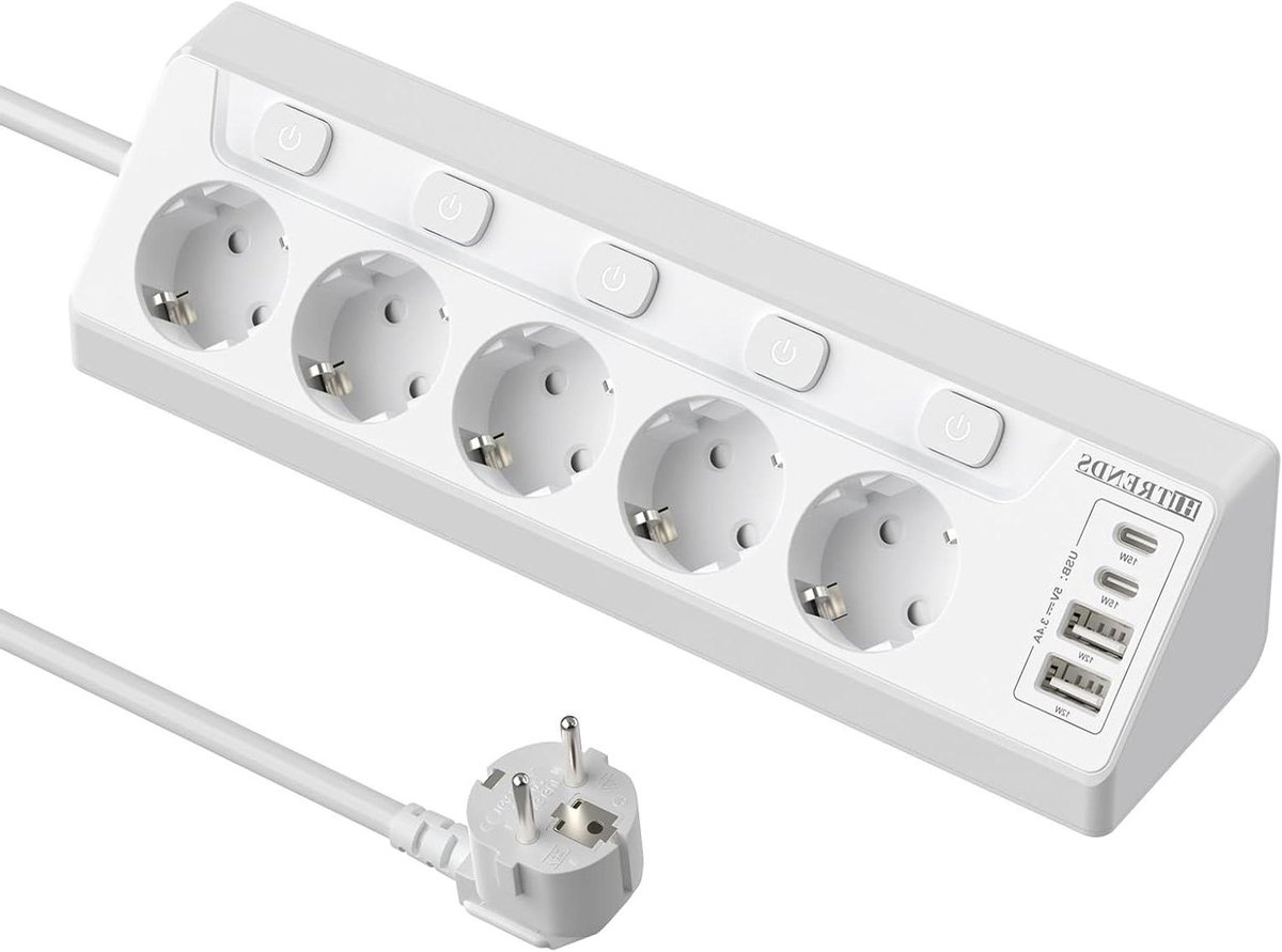 Hoekstopcontact - Stekkerdoos - Apparaten Aansluiten - Met USB poorten - 5 voudig - Wit