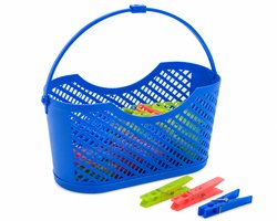 Wasknijpermandje met 24 Wasknijpers – Kunststof Wasknijpermand – Ophangbaar – 24 x 10,5 x 12 cm – Blauw
