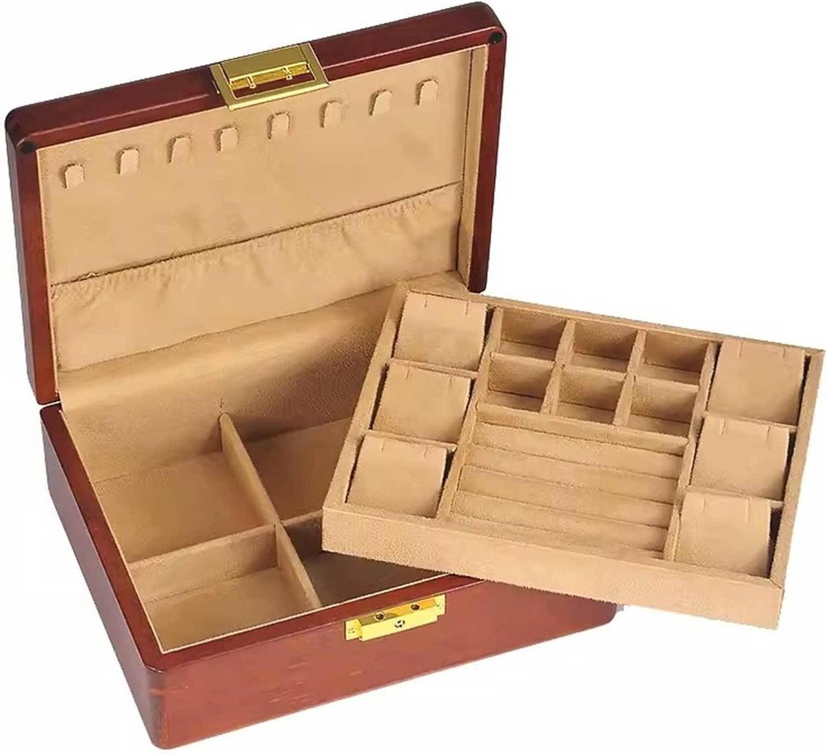 Houten Sieradendoos - Juwelendoos Organizer - Sieraden Opbergen - Afsluitbaar Met Sleutel - 23 x 18 x 8.6 cm - Houtkleur