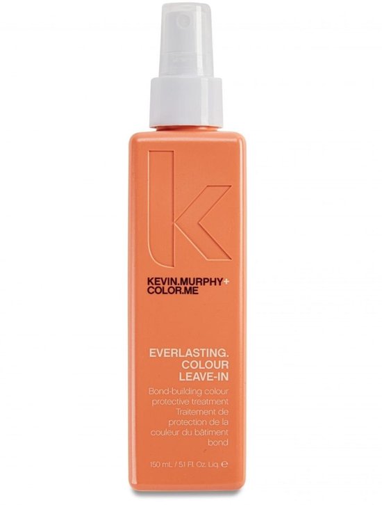 Oranje spuitfles met 'KEVIN.MURPHY+ COLOR.ME EVERLASTING. COLOUR LEAVE-IN' tekst en groot oranje K-logo.