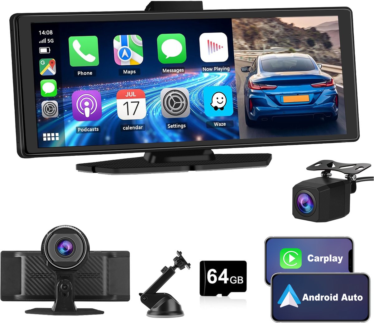 Hexinex - Draadloos CarPlay Scherm - 4K Dash Cam Carplay Android Auto - met 1080p Back-upcamera - Incl. 64GB SD