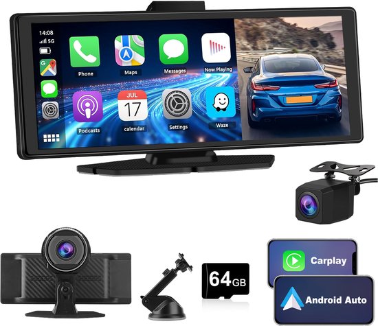 10,26-inch CarPlay & Android Auto-scherm met 4K dashboardcamera, 1080p achteruitrijcamera, houder en 64GB SD-kaart.